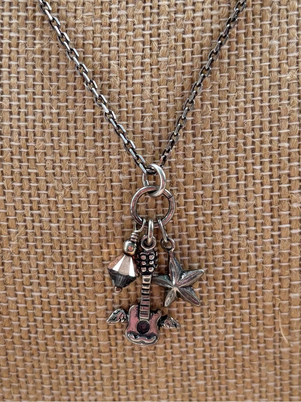 Sterling Silver Star, Crystal & Winged Guitar Charm Pendant 24” Chain Necklace